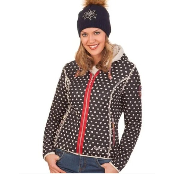Almgwand Reversible Jacket Navy Polkadot/ Beige fleece S/M HTF - Picture 11 of 17